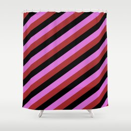 [ Thumbnail: Orchid, Brown & Black Colored Lines/Stripes Pattern Shower Curtain ]