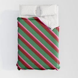 [ Thumbnail: Light Pink, Deep Pink, Dark Red & Sea Green Colored Striped Pattern Duvet Cover ]