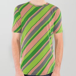 [ Thumbnail: Green, Forest Green, Dark Salmon, and Dim Gray Colored Striped/Lined Pattern All Over Graphic Tee ]