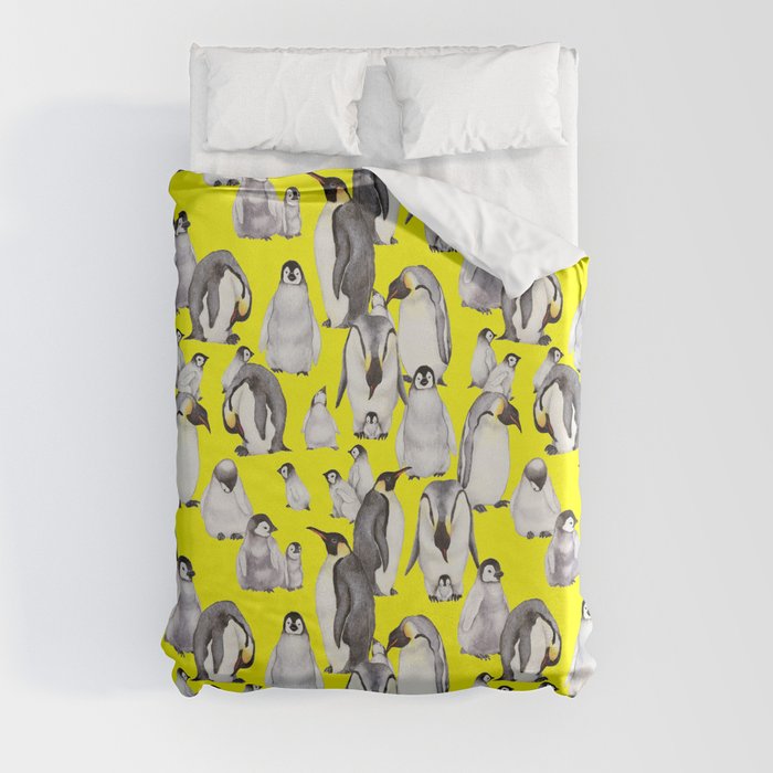 Bright yellow joyful penguins family Duvet Cover