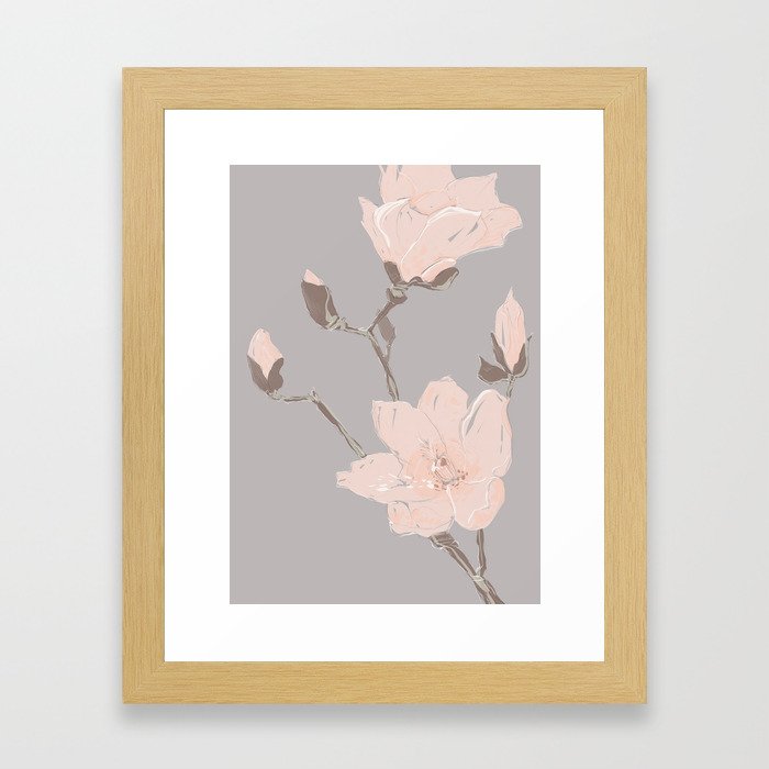 Magnolia flower Japanese minimalism style artwork in retro colors gray Framed Art Print