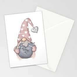 Romantic Gnome With Gray Cat Stationery Card
