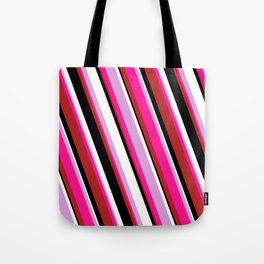 [ Thumbnail: Eyecatching Plum, Deep Pink, Red, Black & White Colored Lined/Striped Pattern Tote Bag ]