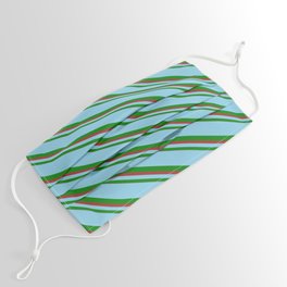 [ Thumbnail: Sky Blue, Green, and Brown Colored Lines/Stripes Pattern Face Mask ]