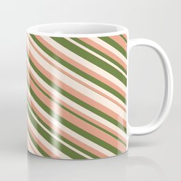 [ Thumbnail: Dark Salmon, Dark Olive Green & Beige Colored Lines/Stripes Pattern Coffee Mug ]