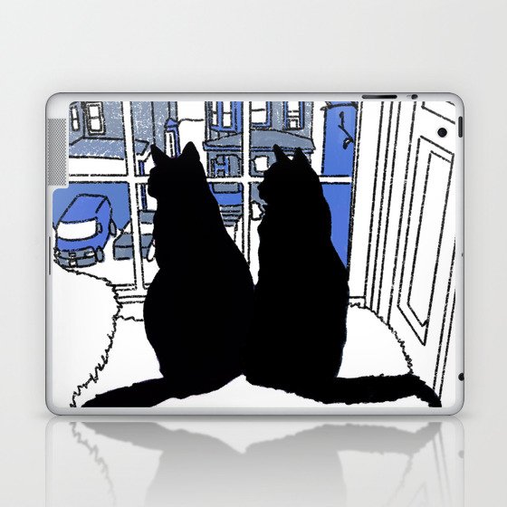 Window Cats At Dusk Silhouette Blue Laptop & iPad Skin
