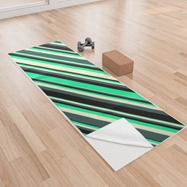 [ Thumbnail: Green, Light Yellow, Dark Slate Gray & Black Colored Lined/Striped Pattern Yoga Towel ]