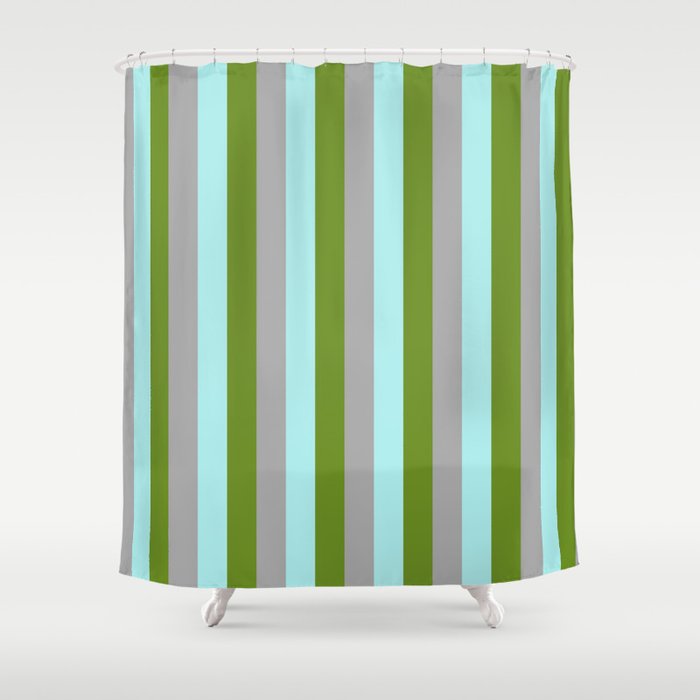 Green, Dark Gray & Turquoise Colored Lined Pattern Shower Curtain