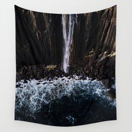 Aerial of Basalt waterfall flowing into the Atlantic ocean on the Isle of Skye - Landscape Photo Wall Tapestry