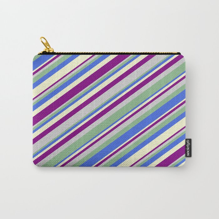 Colorful Light Grey, Dark Sea Green, Royal Blue, Light Yellow & Purple Colored Lined/Striped Pattern Carry-All Pouch