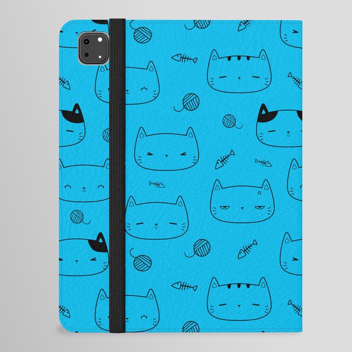 Turquoise and Black Doodle Kitten Faces Pattern iPad Folio Case