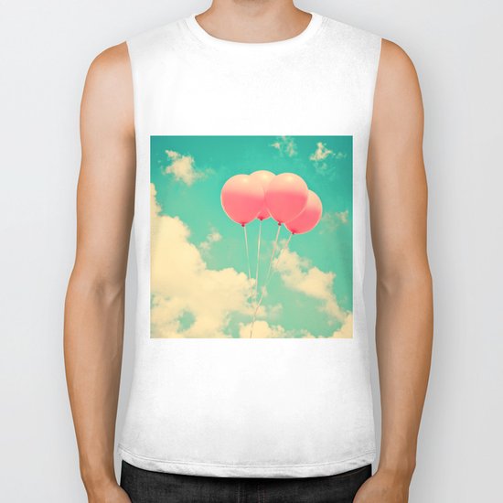 Balloons in the sky (pink ballons in retro blue sky) Biker Tank