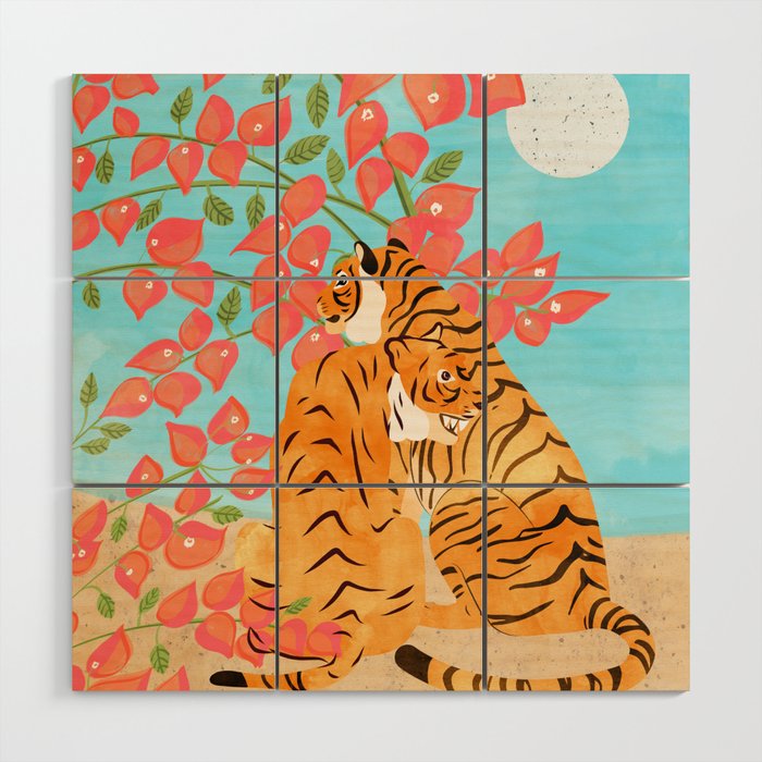 Tiger Honeymoon Illustration, Wildlife Floral Botanical Painting, Full Moon Cats Bougainvillea Wood Wall Art