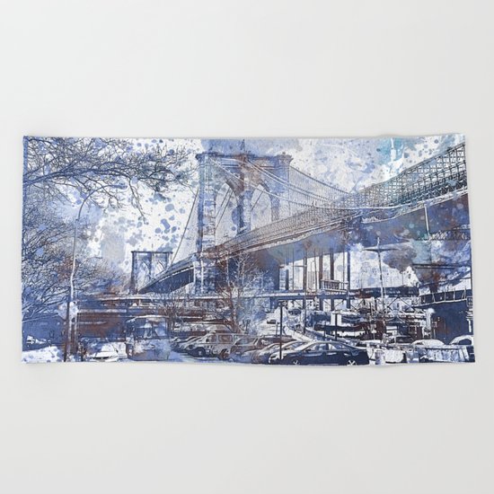 Brooklyn Bridge New York USA Watercolor blue Illustration Beach Towel