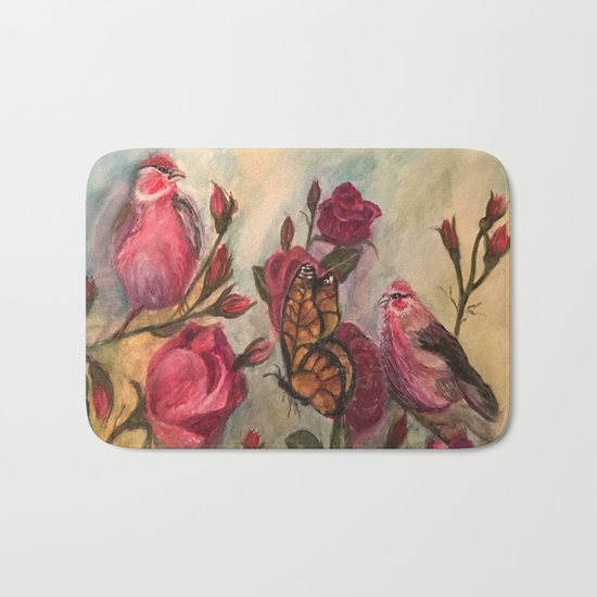 Birds and Roses - watercolor Bath Mat