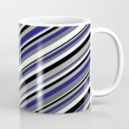 [ Thumbnail: Eye-catching Dark Grey, Midnight Blue, Dim Gray, Mint Cream & Black Colored Pattern of Stripes Coffee Mug ]