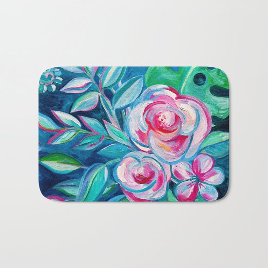 Tropical Camellia Extravaganza - oil on canvas Bath Mat