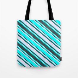 [ Thumbnail: Cyan, Dark Slate Gray & Lavender Colored Striped Pattern Tote Bag ]
