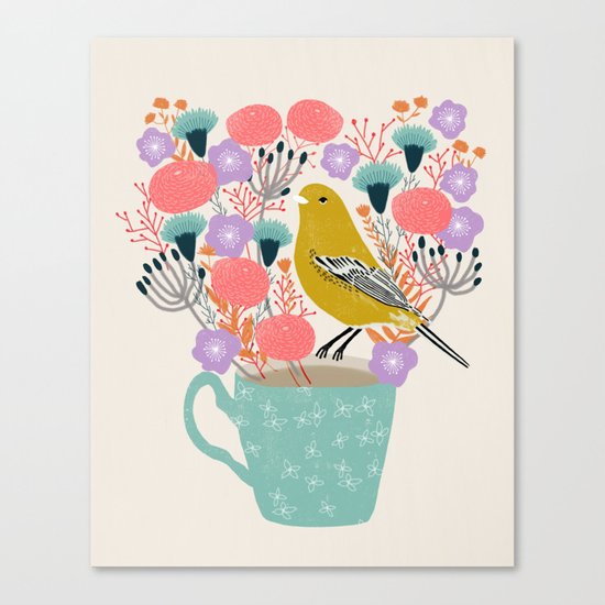 Bird and Flowers - Warbler by Andrea Lauren Canvas Print