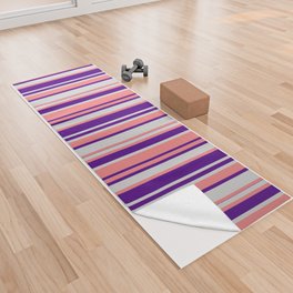 [ Thumbnail: Light Coral, Light Gray & Indigo Colored Lines Pattern Yoga Towel ]