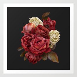 Vintage bouquet of red roses and white hydrangea. Art Print
