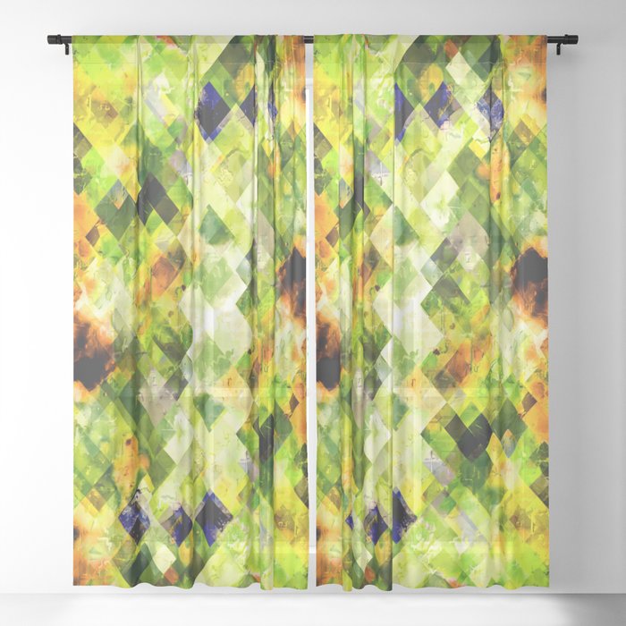 geometric pixel square pattern abstract background in green brown Sheer Curtain