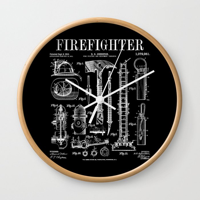 Firefighter Fire Department Fireman Vintage Patent Print Wall Clock