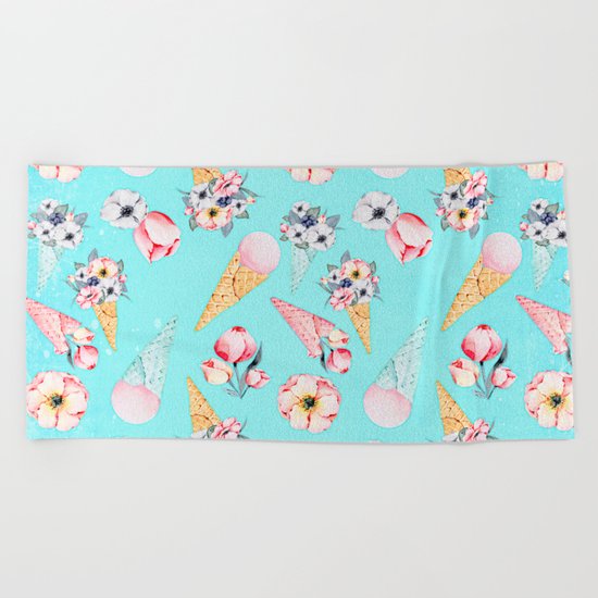 Pink & Teal Summer Fun Flower Ice Cream Cone - Pattern Beach Towel