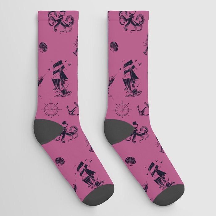 Magenta And Blue Silhouettes Of Vintage Nautical Pattern Socks