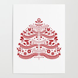 Red Scandinavian Folk Art Christmas Tree Poster