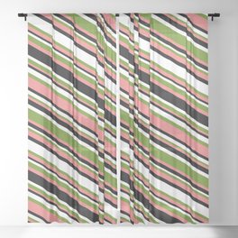 [ Thumbnail: Green, Light Coral, Black & White Colored Lined/Striped Pattern Sheer Curtain ]