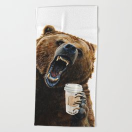 " Grizzly Mornings " give that bear some coffee Beach Towel