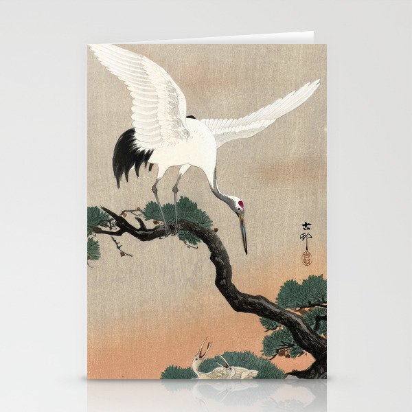 Japanese Crane on Branch of Pine, 1900-1930 by Ohara Koson Stationery Cards
