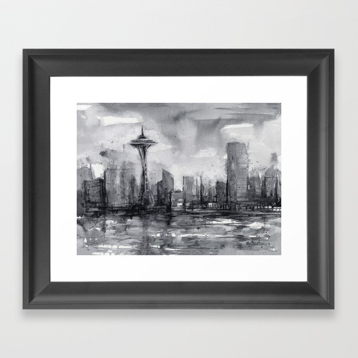 Seattle Skyline Painting Watercolor Black and White Space Needle Framed Art Print