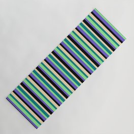 [ Thumbnail: Eye-catching Slate Blue, Black, Tan, Teal & Light Green Colored Stripes/Lines Pattern Yoga Mat ]