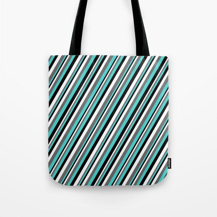 White, Dim Gray, Turquoise, and Black Colored Lined Pattern Tote Bag