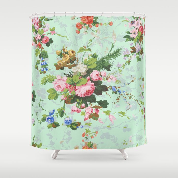 Vintage Shabby Chic Pink and Mint Large Rose Shower Curtain