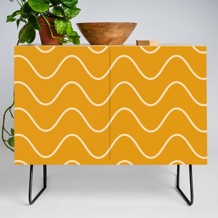 Abstract Wavy Lines Pattern - Yellow and white Credenza