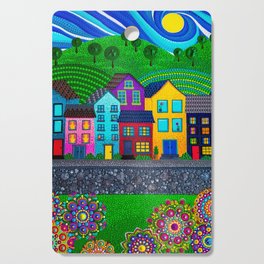 Dot Painting Colorful Village Houses, Hills, and Garden Cutting Board