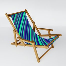 [ Thumbnail: Green, Dark Slate Blue & Dark Blue Colored Lined/Striped Pattern Sling Chair ]