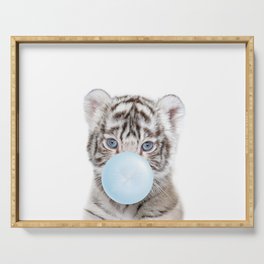 Baby White Tiger Blowing Blue Bubble Gum, Baby Boy, Art for Kids, Baby Animals Art Print by Synplus Serving Tray