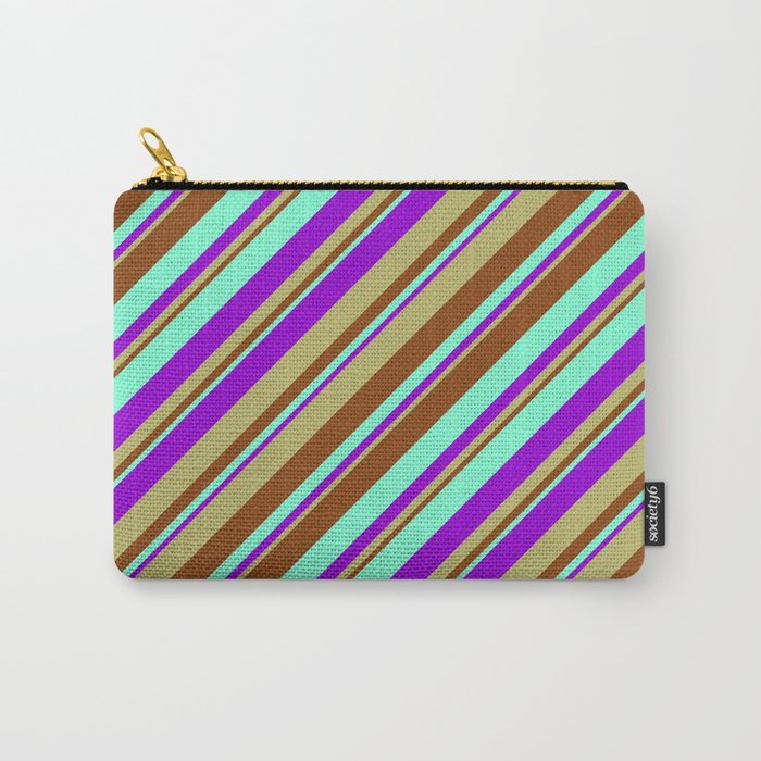 Aquamarine, Dark Violet, Dark Khaki, and Brown Colored Stripes/Lines Pattern Carry-All Pouch