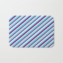 [ Thumbnail: Light Blue, Turquoise, Purple & Light Cyan Colored Stripes Pattern Bath Mat ]