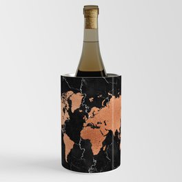 World Map - Rose Gold on Black Marble Wine Chiller