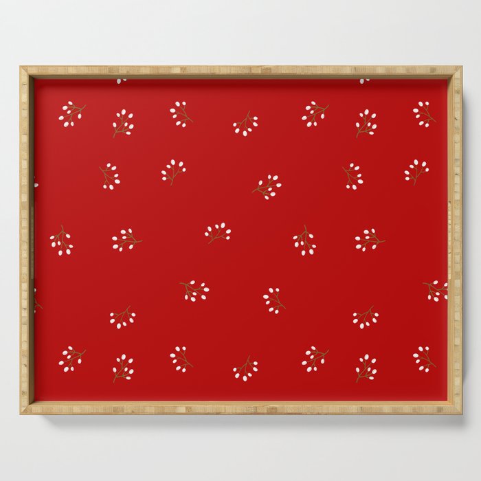 Rowan Branches Seamless Pattern on Red Background Serving Tray