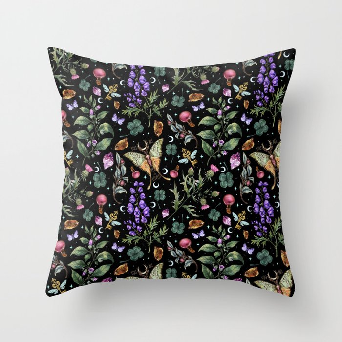 Witchy magical pattern. Nightshade. Mugwort. Throw Pillow