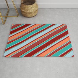 [ Thumbnail: Light Sea Green, Light Blue, Brown, Dark Red & Coral Colored Stripes/Lines Pattern Rug ]