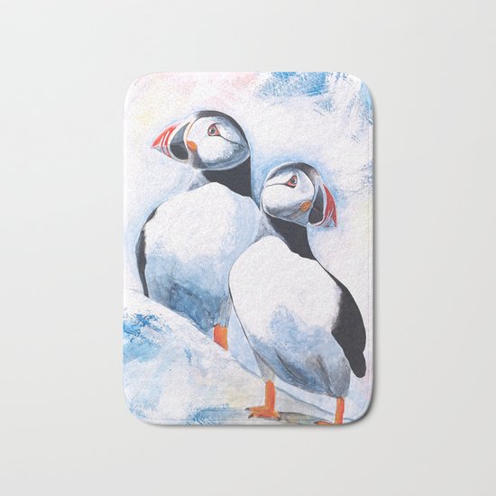 Puffins - I watch over you, little brother - by LiliFlore Bath Mat