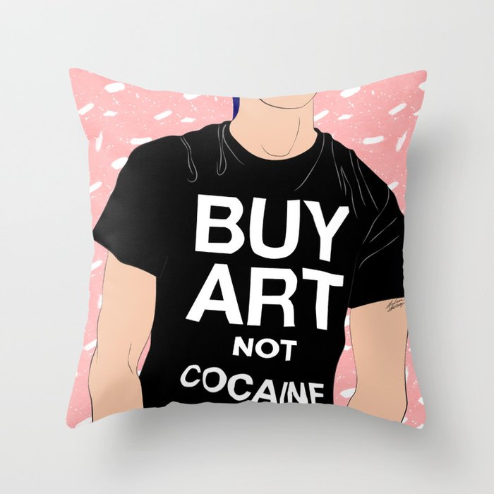 Buy Art, Not Cocaine - Dude with Blue Hair Typography Digital Drawing Throw Pillow