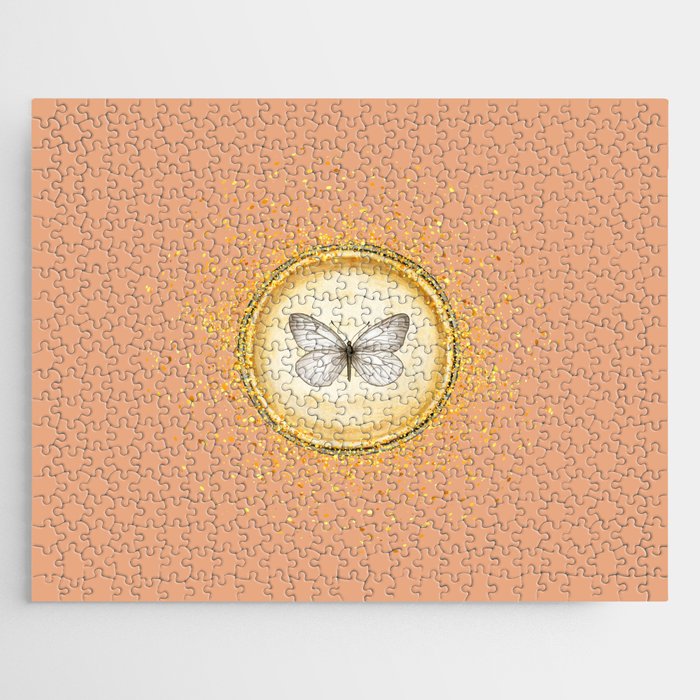 Hand-Drawn Butterfly Gold Circle Pendant on Pastel Orange Jigsaw Puzzle